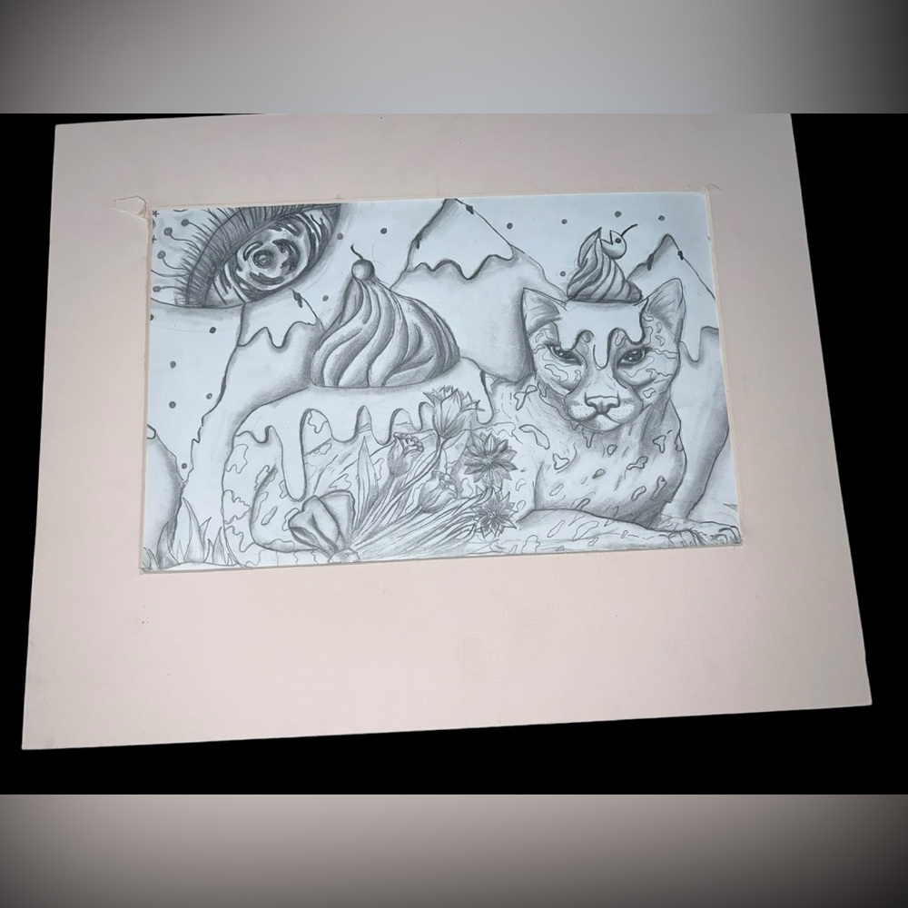 Original signed by artist art abstract cat eye in the sky sketch 8.5x12”